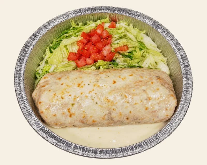 Burrito Loco under white cheese sauce